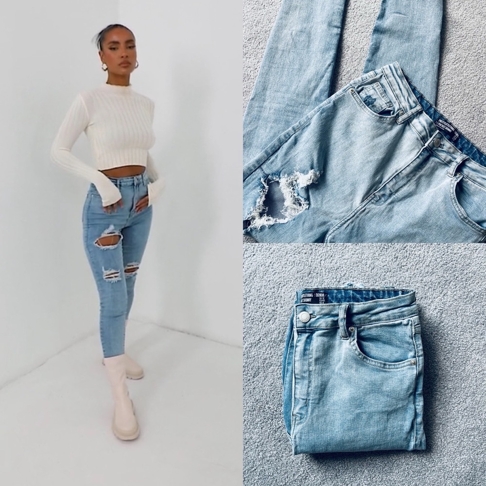 PRETTYLITTLETHING Vintage Wash 5 Pocket Double Rip Skinny Jeans